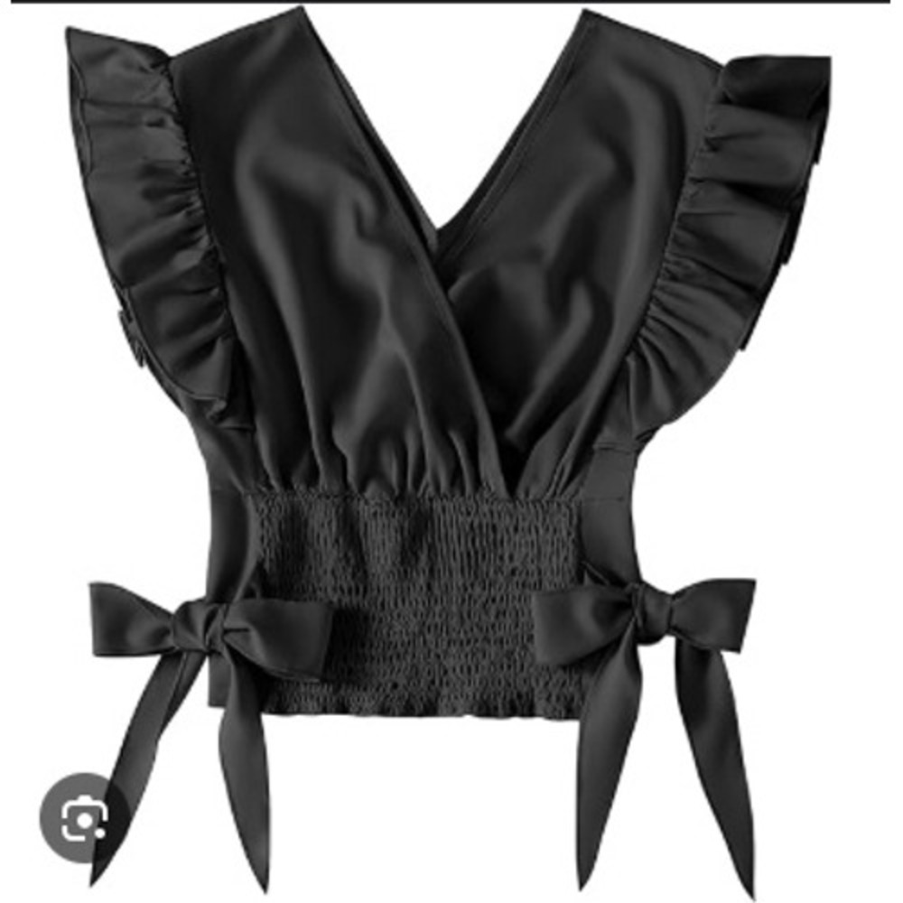 Lyaner Womens XS Black Smocked Ruffle Crop Top Tie Shoulder Straps Sweetheart